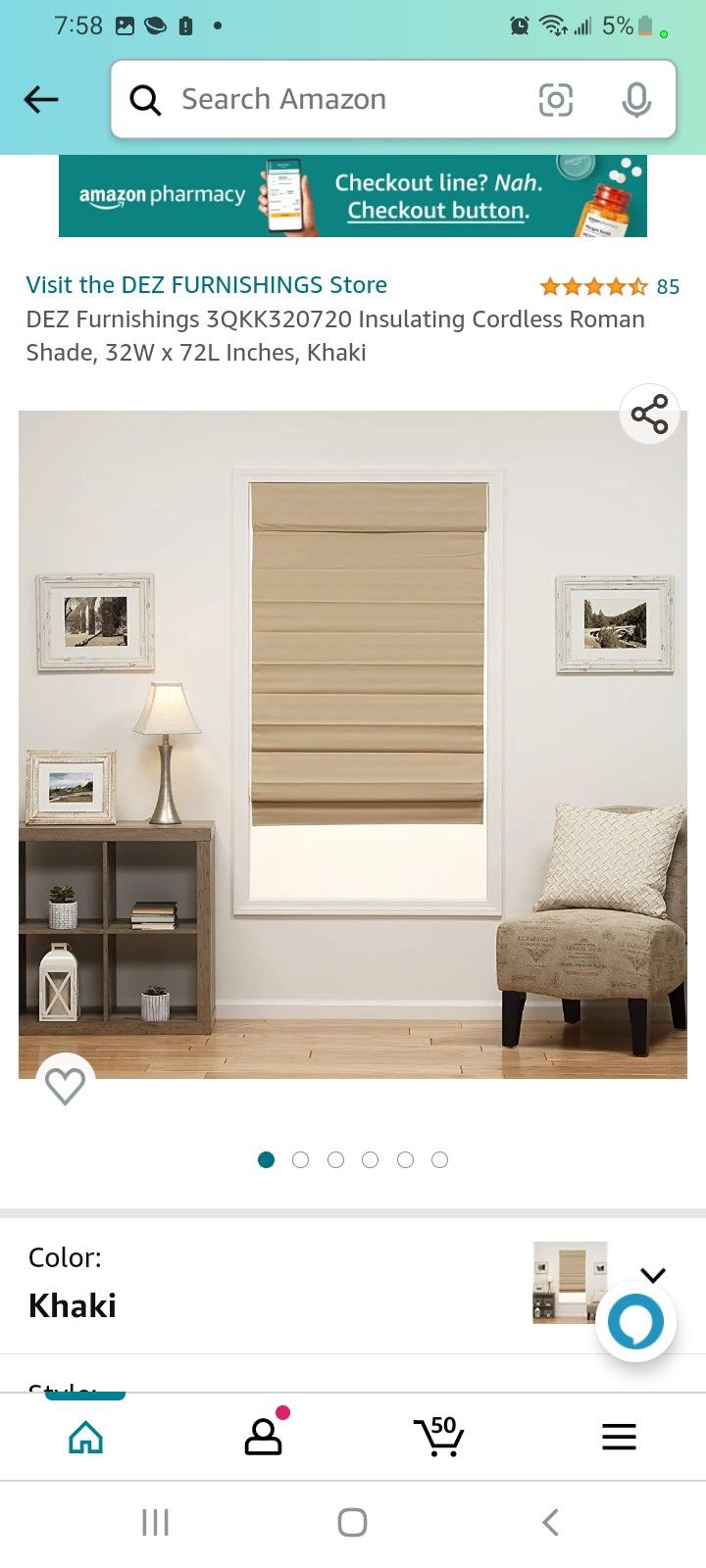 DEZ Furnishings 3QKK320720 Insulating Cordless Roman Shade, 32W x 72L Inches, Khaki