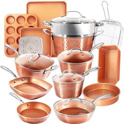 Gotham Steel Hammered Copper Collection – 20 Piece Premium Pots and Pans Set Nonstick Ceramic Cookware + Bakeware Set for Kitchen, Induction/Dishwashe