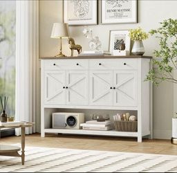 55.1" W Farmhouse Console Table with 2 Drawers, Entryway Sofa Table with Storage Shelf, Antiqued Whi
