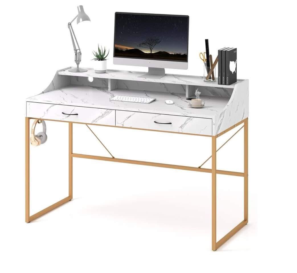 Computer Desk with Drawers, 47-inch Writing Desk Study Table with Monitor Stand Riser for Home Office, White
