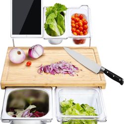 Bamboo Cutting Board with Containers (Set of 4), Chopping Boards for Kitchen, Chopping Board with Juice Groove for Meat Fruits and Vegetables, Natural