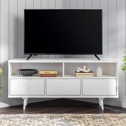 White Mid-Century TV Stand Entertainment Center with 3 Drawers - New