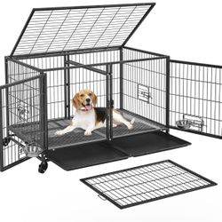 Stackable Dog Crate with Divider 43" Rolling Heavy Duty Dog Cage with Open Top/ 2 Removable Trays for Small/Medium Dog