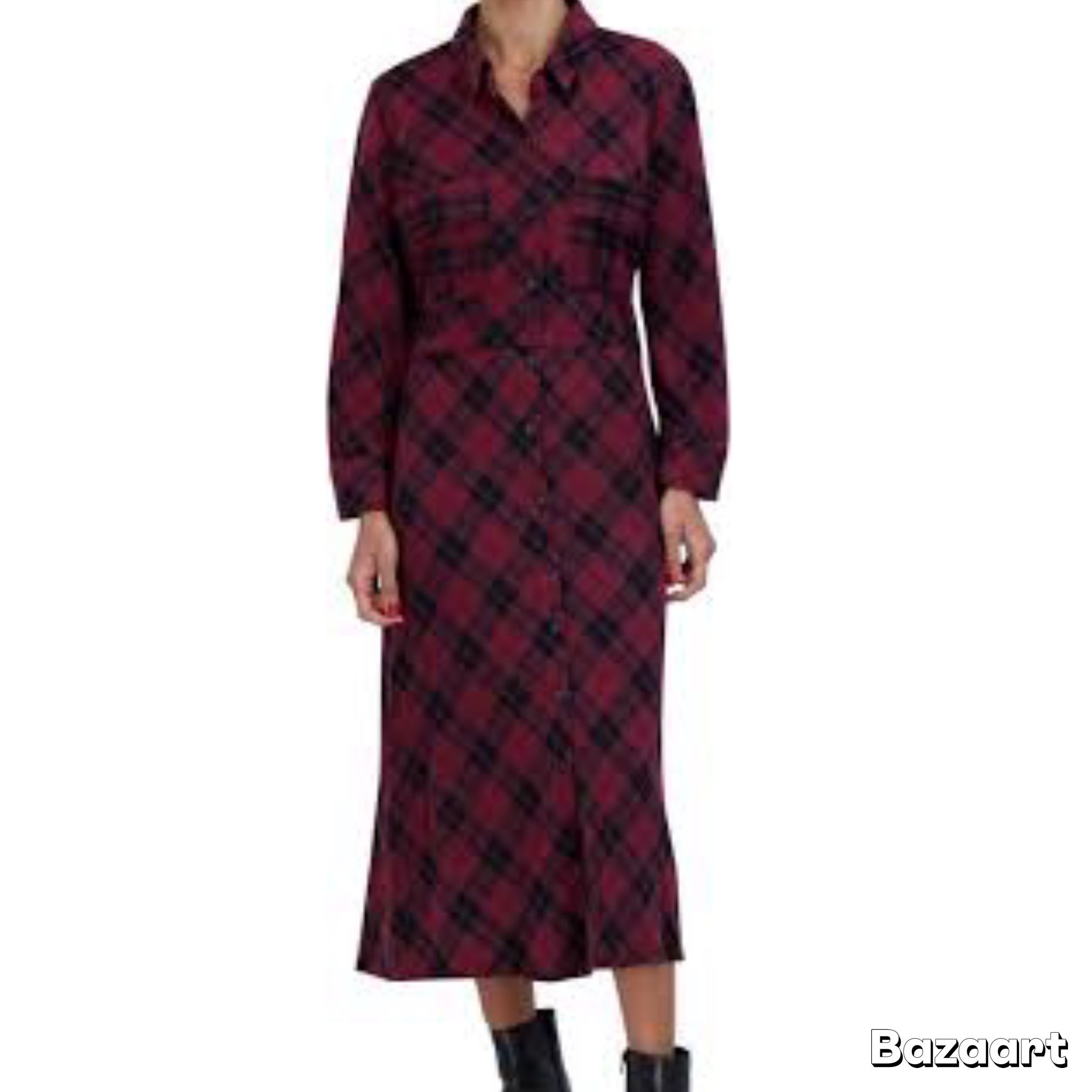 SZ Large Sandra Darren Plaid Midi Shirt Button Front Dress NWT
