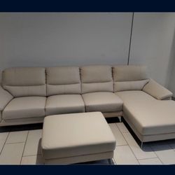 *Wow*---St Tropez Steel/Beige Leather Sectional Sofas W/Ottoman---Delivery And Easy Financing Available 