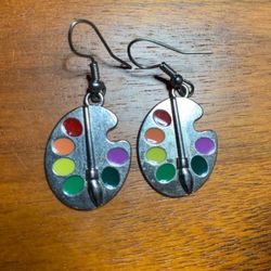 Paint Palette Brush Dangle Drop Artist Rainbow Hook Earrings Silver