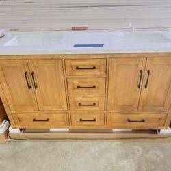 60” Brand New Bathroom Vanity in Teak color, Soft Close Solid Wood with Top in White  $915 