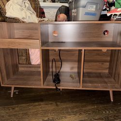 Mid-Century Record Player Vinyl Stand with Built-in Power Socket and Large Vinyl Record Storage Cabinet