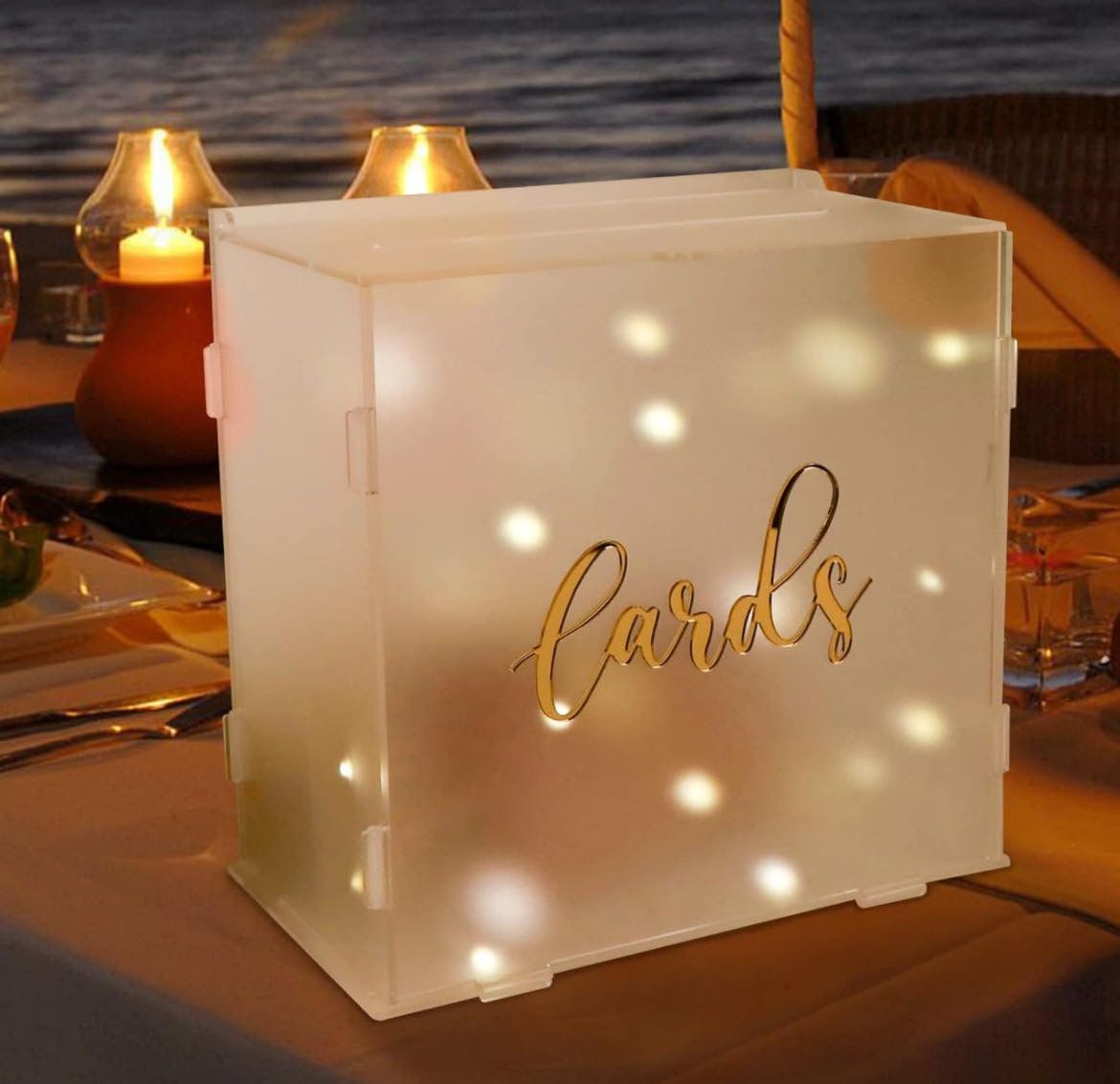 OurWarm Frosted Acrylic Wedding Card Box with String Light, Large Gift Card Box for Wedding Reception