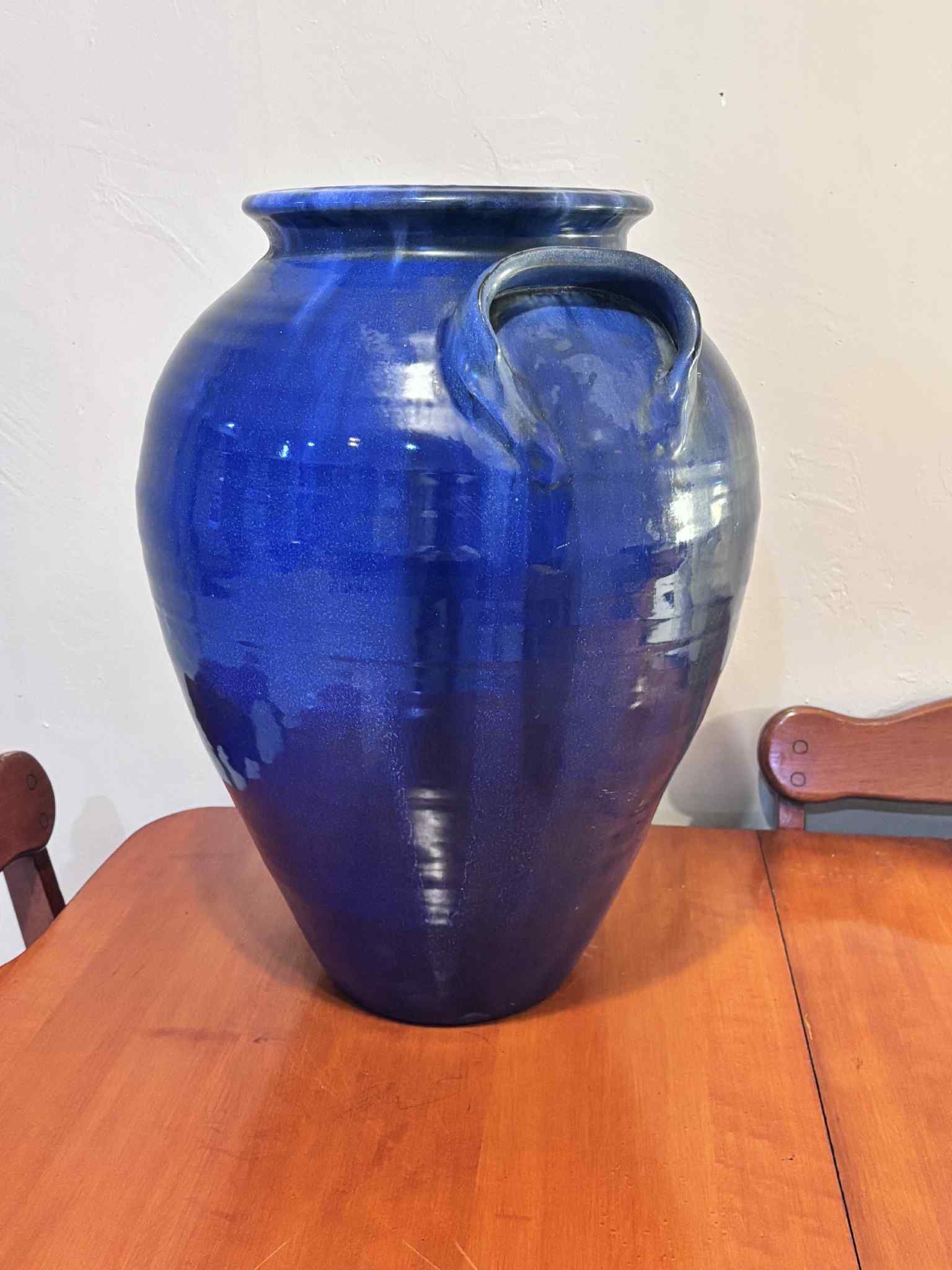 Vintage Blue Glazed Ceramic Floor Vase 20”H Opening 9.5”