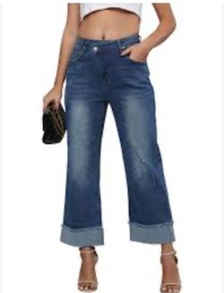 Genleck Women's Wide Leg High Waisted Jeans Crossover Baggy Jeans