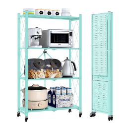 COOKCOK 4-Tier Storage Shelving Unit, Metal Shelf, Foldable Storage Shelf with Wheels, 27.9"x13.4"x49.72" Garage Shelf, Kitchen Shelf with 4 Hooks, No