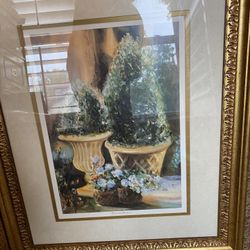 Large  Matted Framed Plants In Gold Vases. Sophisticated Look. Perfect Condition!  