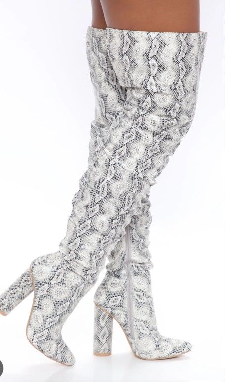 Women's Snakeskin Chunky Heel Thigh High Boots Grey