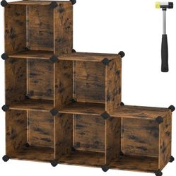 6 Cube Storage Organizer, DIY Closet Shelf, Plastic Clothes Organizer, Modular Bookcase, High Load Capacity, with Rubber Mallet, Rustic Brown 