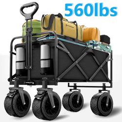  Qunler 560lbs Collapsible Folding Wagon, Big Bucket Beach Cart, Heavy Duty Large Capacity Garden Wagon with Multi-Terrain Brake Wheels for Outdoor Ca