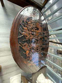 Solid wood carved coffee table with 6 matching stools chairs fitted under the table