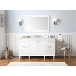 Home Decorators Collection Heathermore 60 in. W x 22 in. D in White with Marble Top in Carrera with White Basins