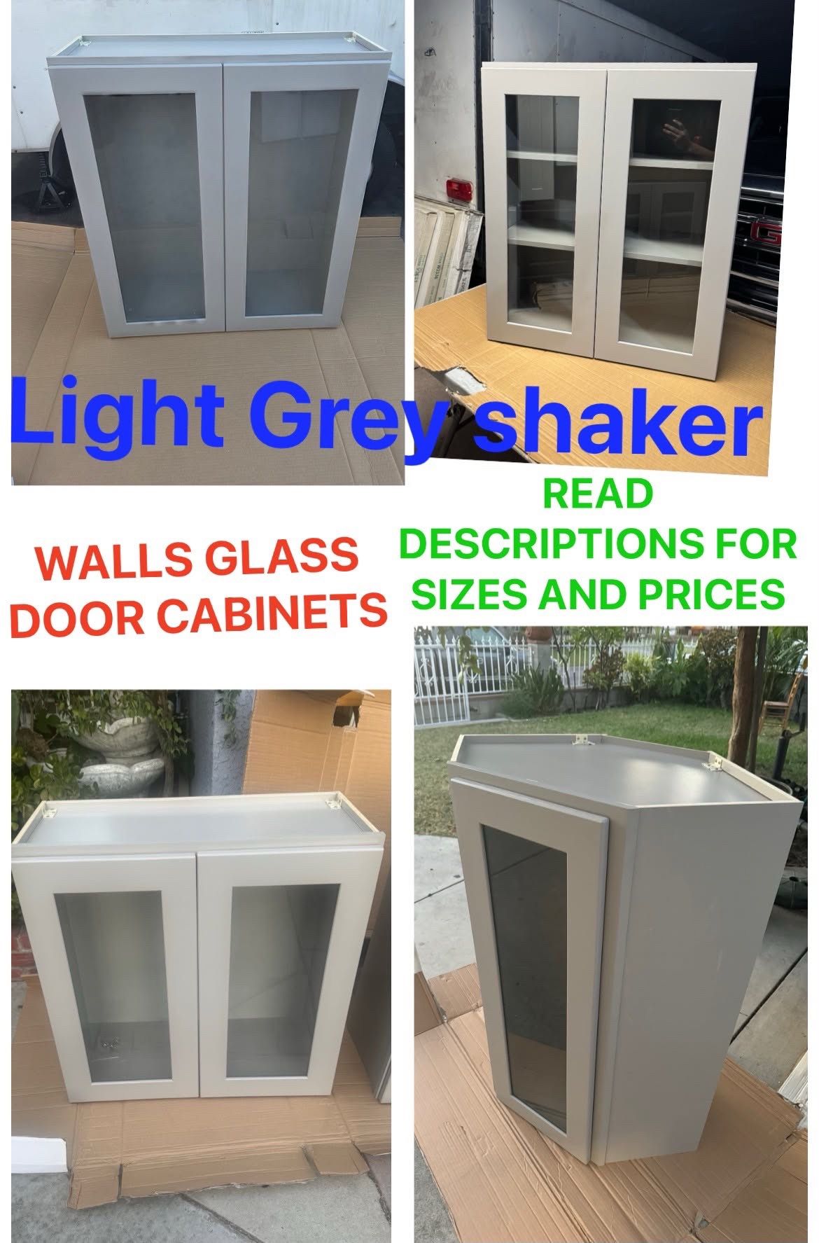 wall cabinets light grey with glass doors read descriptions for sizes and prices