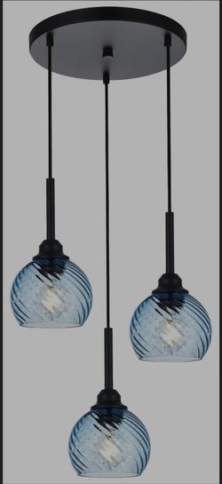 MILUCES 3 Light Pendant Lighting with Striped Swirl Globe Glass Blue Cluster Pendant Light for Kitchen Island, Modern Dining Room Light Fixtures Over