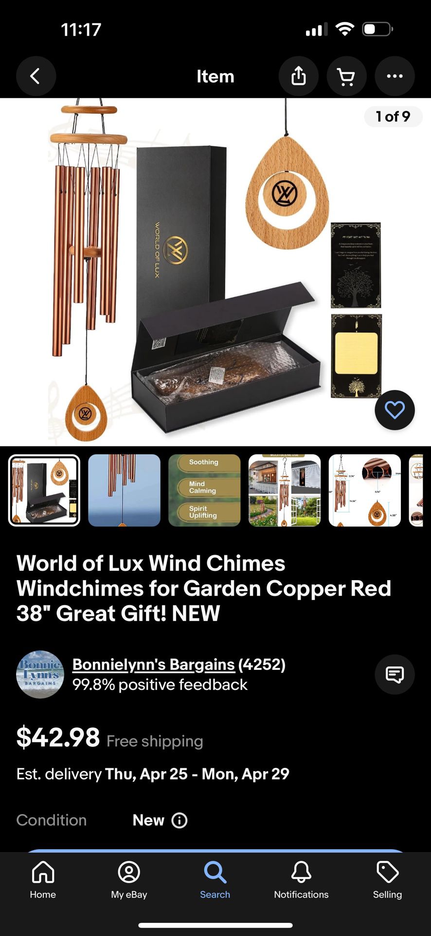 World of Lux Wind Chimes Windchimes for Garden Copper Red  38" Great Gift! NEW