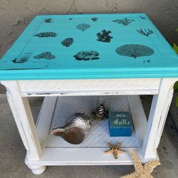 Teal Coral Top Side Table Solid Wood 