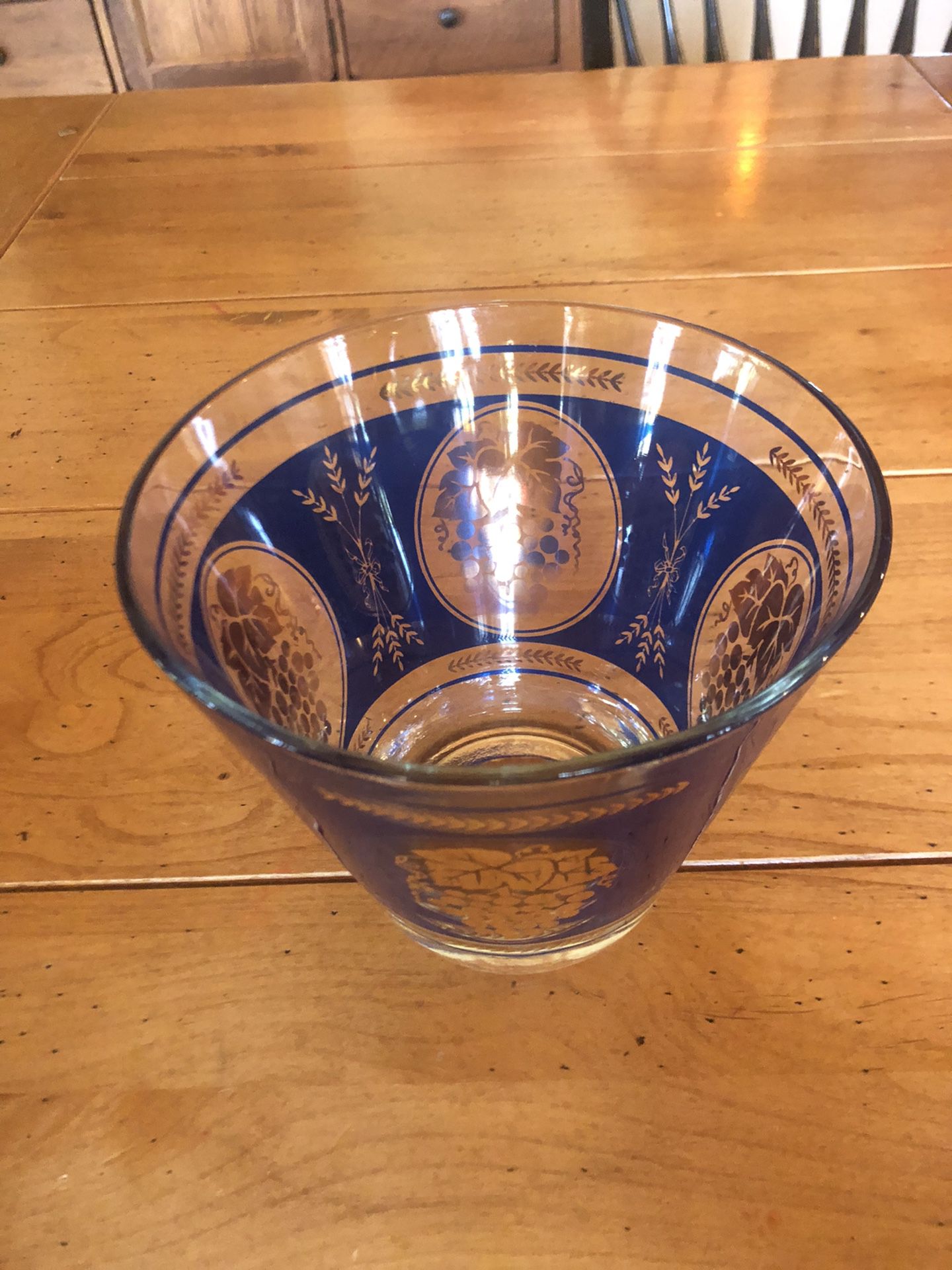 Vintage Hazelware Atlas Large Blue Glass Serving Bowl Grape Pattern 