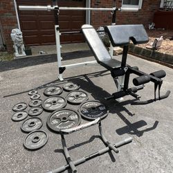 Complete gym set up with adjustable bench press, weight set, barbell, pull up bar, and ab roller