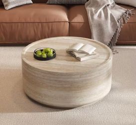 Harper & Bright Designs 27.5 in. Beige Round MDF Coffee Table with Faux Luxury Marble Stone Pattern End Table