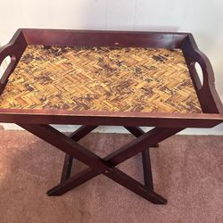 Pier 1 Mahogany Stained Wood and Rattan Table Tray W/Stand 