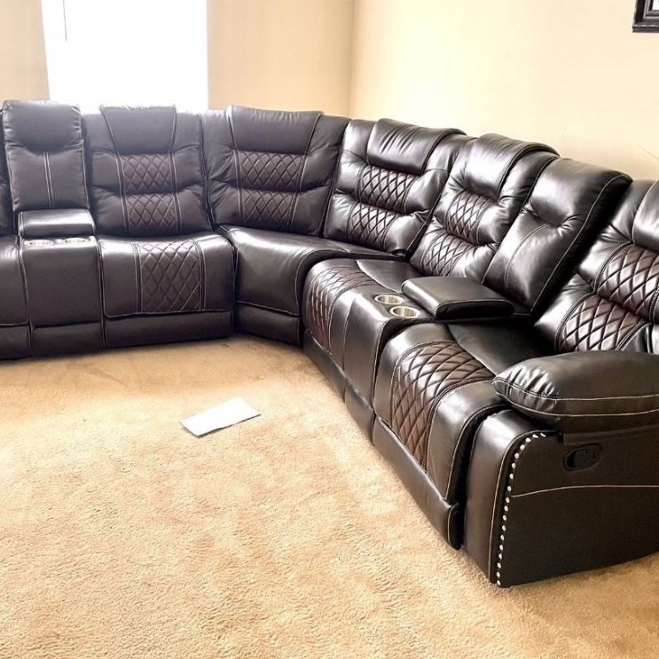 New large brown leather Sectional Couch With Cupholders & Consoles