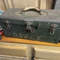 Vtg Metal Toolbox, Leather Handle, Divided Tray, Master Steel Box, 16 x 6.5 x 7