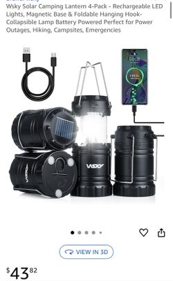 Brand new never used. Wsky Solar Camping Lantern 4-Pack - Rechargeable LED Lights, Magnetic Base & Foldable Hanging Hook- Collapsible Lamp Battery Pow