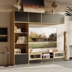 New Wall Mounted Media Console Entertainment Center, Natural Oak and Black