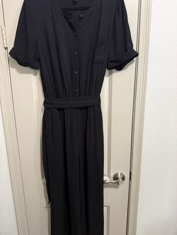Ann Taylor Jumpsuit Women Black Short Sleeve Button Front Wide Leg Belted Sz 10