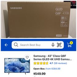 Brand new & sealed in the box Samsung 43" Class Q8F Series QLED 4K UHD Samsung Vision Al Smart Tizen TV (2025). Retails for $588.48 after taxes, but I