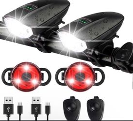 2Pks  Bike Lights Set with Horn 1400LM USB Rechargeable Bicycle Headlight & Tail Light & Horn Waterproof 3 Lighting Modes Fits Bicycles for Road and M