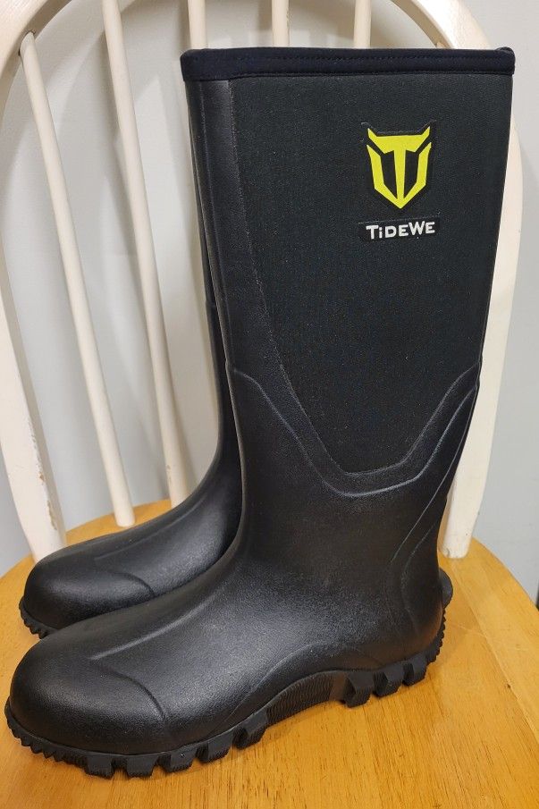TideWe Mens Tall Rubber Boots BLACK Rain Boots Steel Shank Neoprene Size 7 / NEW