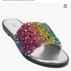 H2K Womens Glitter Bling Fancy Slide Flat Low Wedge Sparkle Sandals Shoes Dream size 9