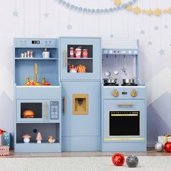 Wooden Play Kitchen for Kids, Toddler Toy Kitchen Playset, Large Interactive Pretend with 6 Kitchenware, Realistic Water Dispenser & Hood w/Lights & S