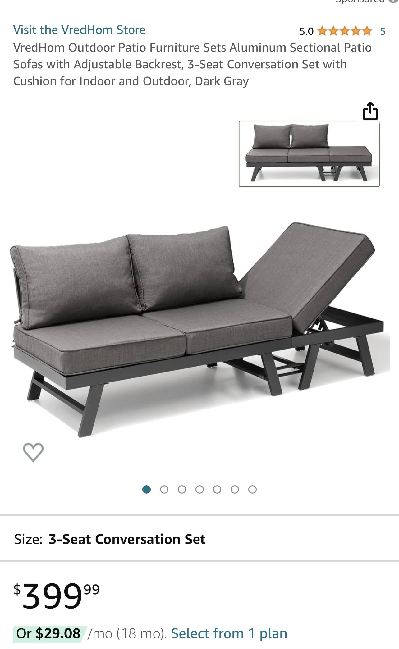 Outdoor Patio Furniture Sets Aluminum Sectional Patio Sofas with Adjustable Backrest 3 Seat Conversation Set with Cushion for Indoor and Outdoor Dar