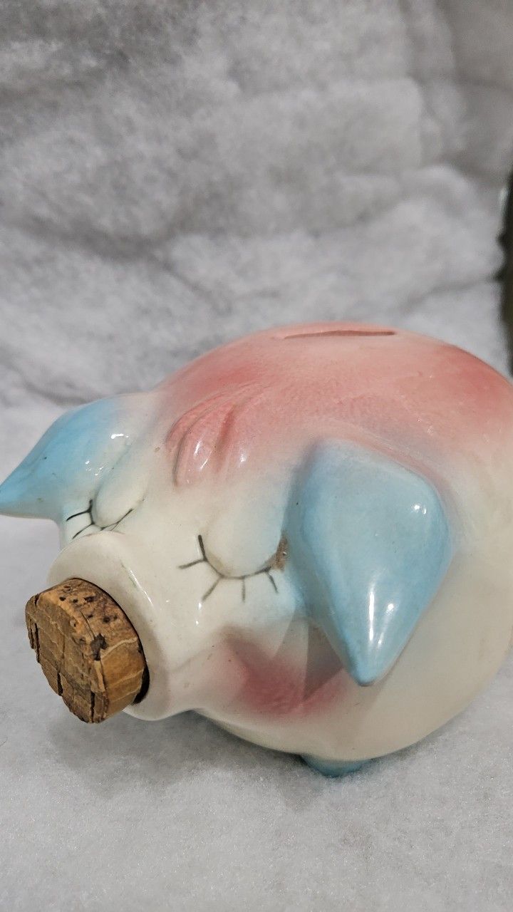 1957 Hull Pottery Corky Pig Bank Pink & Blue Bank