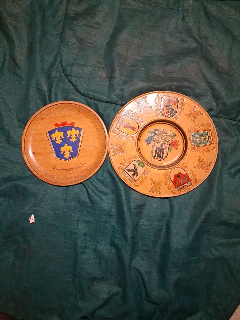 Two Wooden German Plates All Hand Carved And Painted Very Old From The 40s And 50s