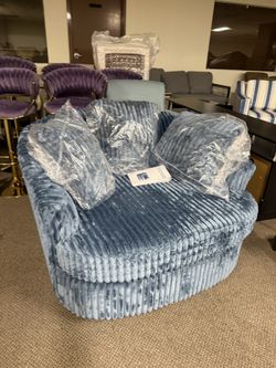 Faux Fur Swivel Accent Chair, Oversized Round Barrel Chair, Blue 43"W Living Room Arm Chair with 360° Swivel Metal Base, Comfy Upholstered Single Sofa