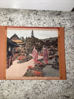 Vintage Japanese Garden Geisha Tapestry Art