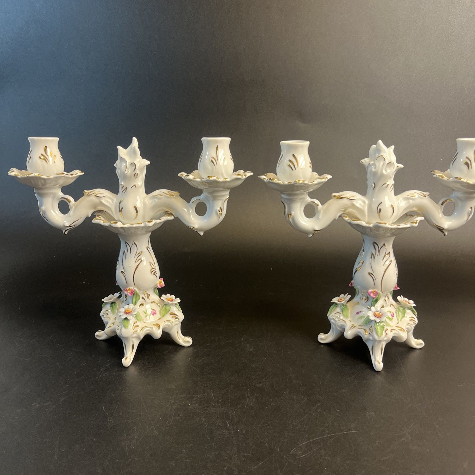 2 Baroque Victorian White Porcelain Candelabra Candlestick Set Floral Gold Trim