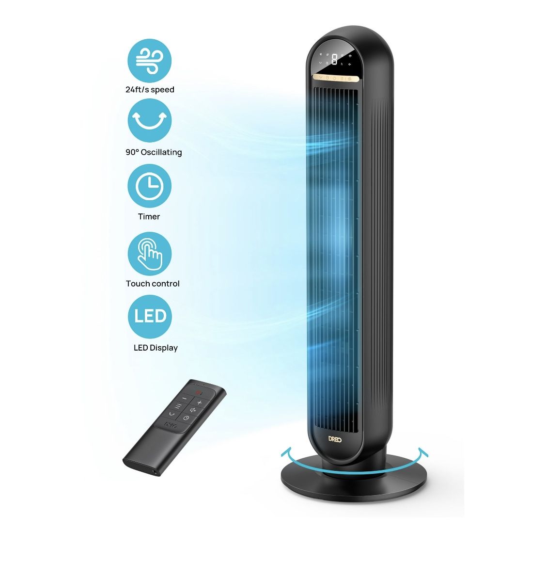 Dreo Tower Fans for Home, 2023 NEW 36" Standing Floor Fan with Remote, 90° Oscillating Fan, 24 ft/s High Velocity, LED Display, 4 Speeds, 4 Modes, 8H 