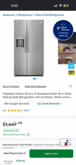 Frigidaire Gallery 25.6-cu ft Standard-Depth 36-in Wide Side-by-Side Refrigerator, Ice Maker Used $440