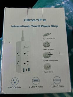 This Olcorife International Travel Power Strip is designed for global compatibility, featuring six AC outlets and three USB ports (including USB-C).