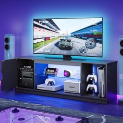 Bestier LED TV Stand for 55/60/65 Inch TV, Gaming Entertainment Center with Cabinet for PS5, Xbox,Modern TV Cabinet with Adjustable Glass Shelves for 